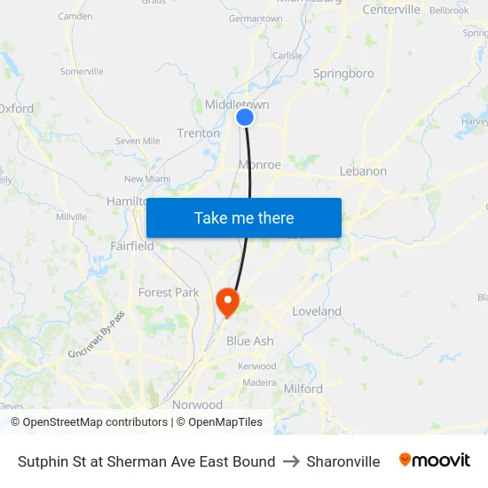 Sutphin St at Sherman Ave East Bound to Sharonville map