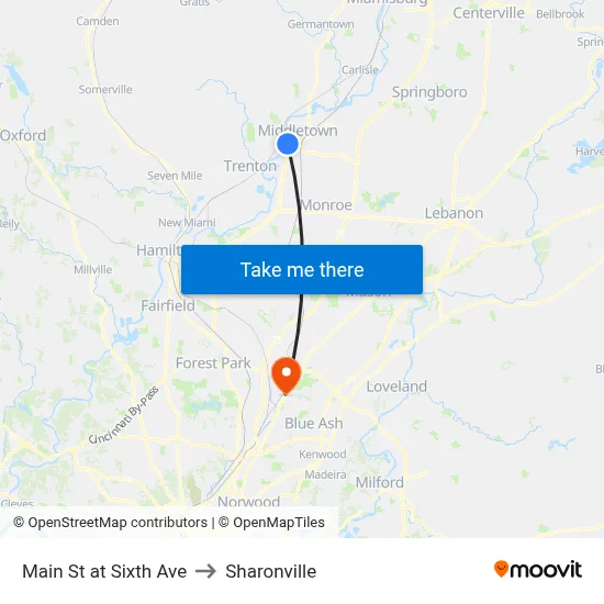 Main St at Sixth Ave to Sharonville map