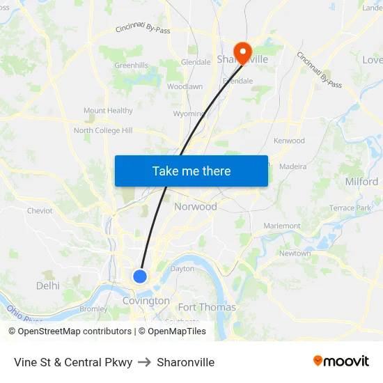 Vine St & Central Pkwy to Sharonville map