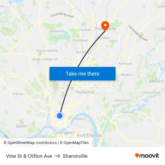 Vine St & Clifton Ave to Sharonville map