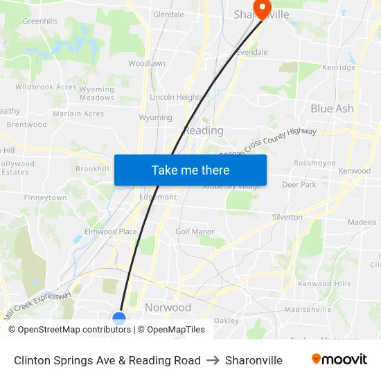 Clinton Springs Ave & Reading Road to Sharonville map