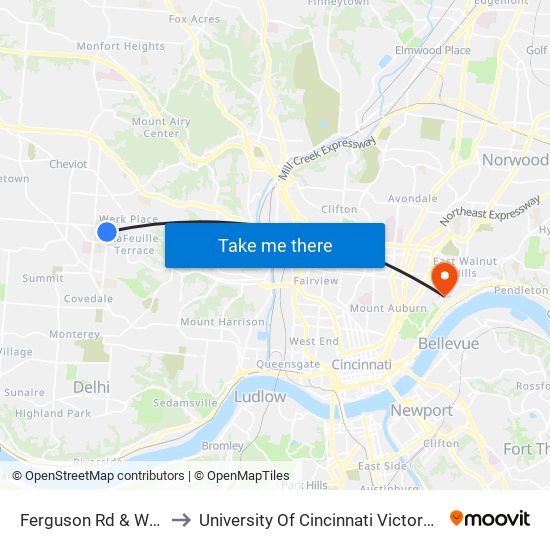 Ferguson Rd & Westbrook Dr to University Of Cincinnati Victory Parkway Campus map