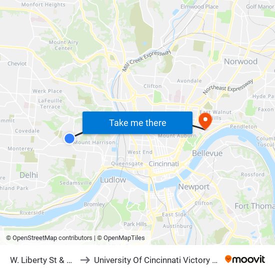 W. Liberty St & Beech Ave to University Of Cincinnati Victory Parkway Campus map