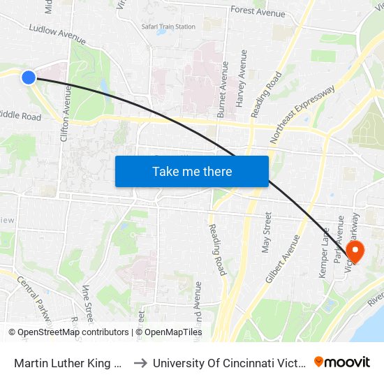 Martin Luther King Dr & Dixmyth Ave to University Of Cincinnati Victory Parkway Campus map