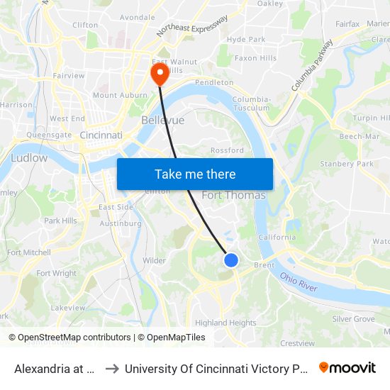 Alexandria at Concord to University Of Cincinnati Victory Parkway Campus map