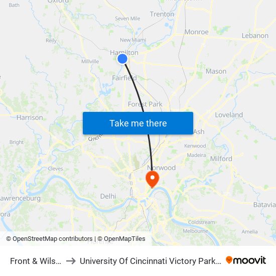 Front & Wilson Nb to University Of Cincinnati Victory Parkway Campus map