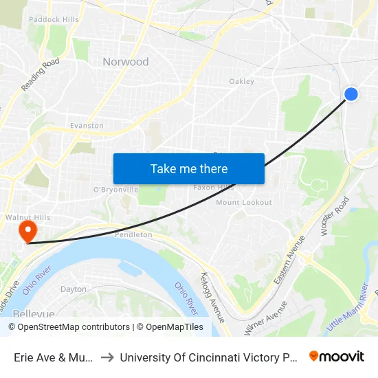 Erie Ave & Murray Ave to University Of Cincinnati Victory Parkway Campus map