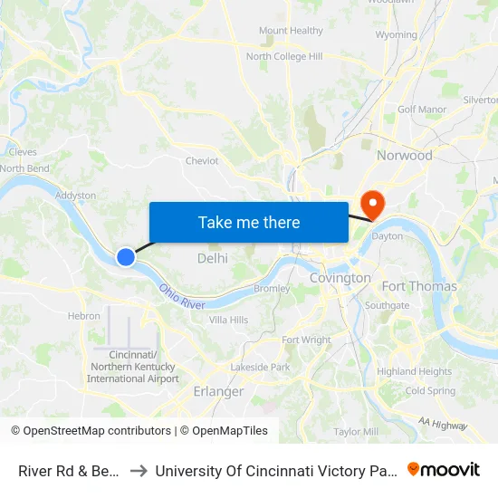 River Rd & Bender Rd to University Of Cincinnati Victory Parkway Campus map