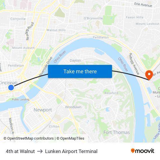 4th at Walnut to Lunken Airport Terminal map