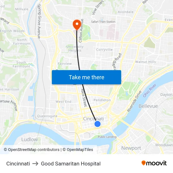 Cincinnati to Good Samaritan Hospital map