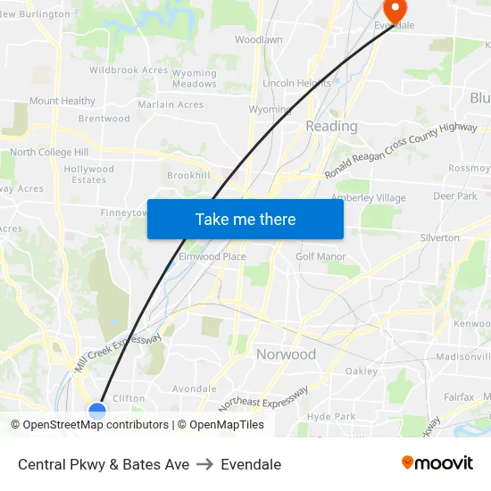 Central Pkwy & Bates Ave to Evendale map