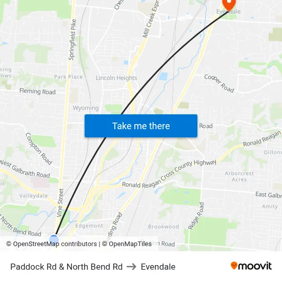 Paddock Rd & North Bend Rd to Evendale map