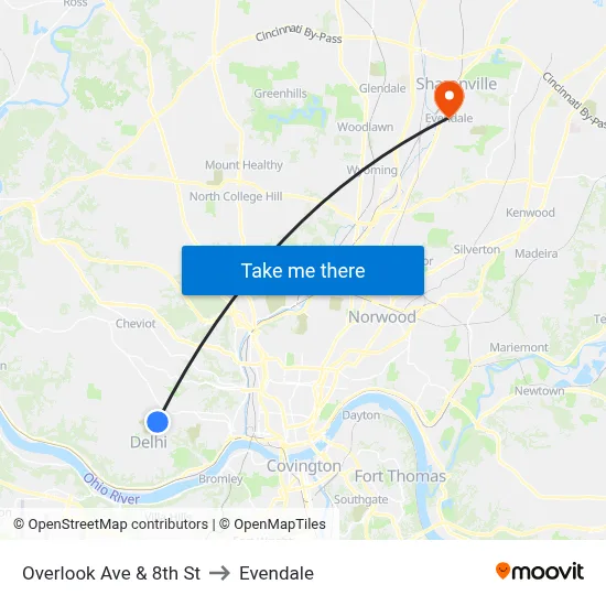Overlook Ave & 8th St to Evendale map