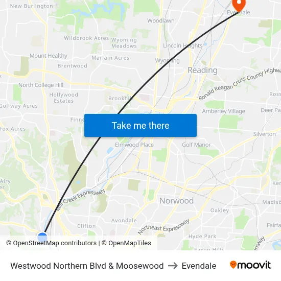 Westwood Northern Blvd & Moosewood to Evendale map