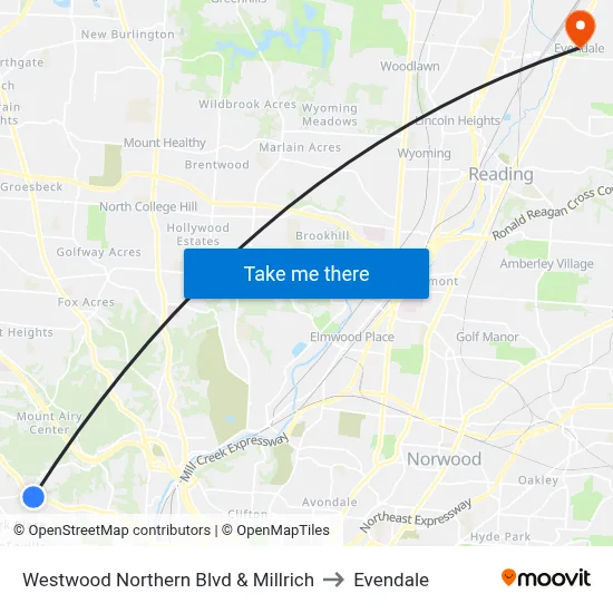 Westwood Northern Blvd & Millrich to Evendale map