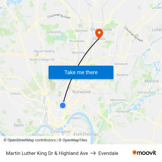 Martin Luther King Dr & Highland Ave to Evendale map