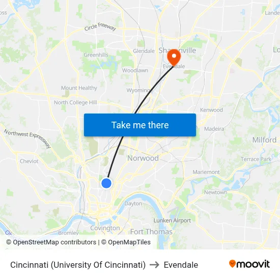 Cincinnati (University Of Cincinnati) to Evendale map