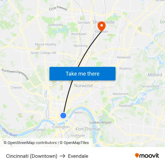 Cincinnati (Downtown) to Evendale map