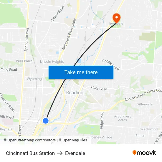 Cincinnati Bus Station to Evendale map