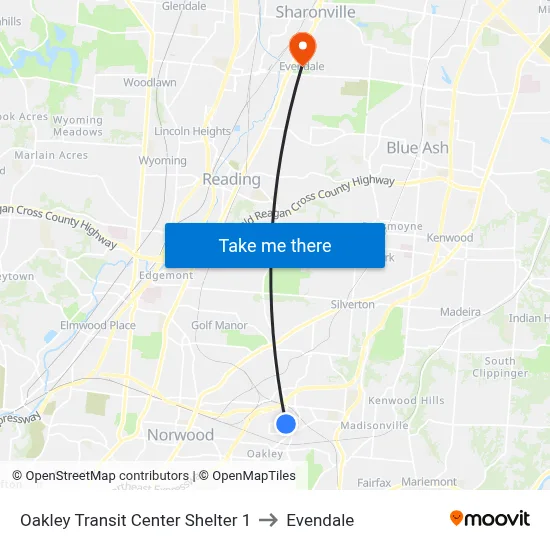 Oakley Transit Center Shelter 1 to Evendale map