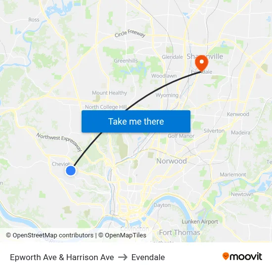 Epworth Ave & Harrison Ave to Evendale map