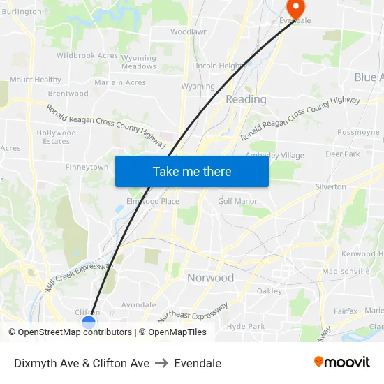 Dixmyth Ave & Clifton Ave to Evendale map