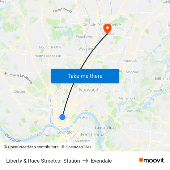 Liberty & Race Streetcar Station to Evendale map