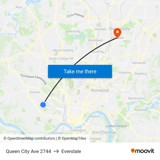 Queen City Ave 2744 to Evendale map