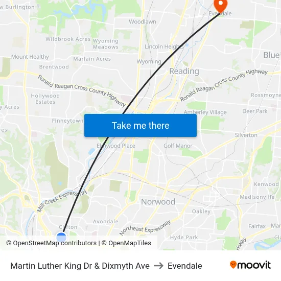 Martin Luther King Dr & Dixmyth Ave to Evendale map