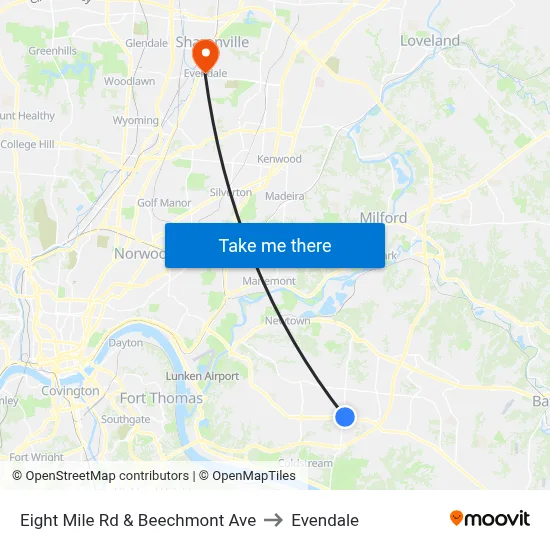Eight Mile Rd & Beechmont Ave to Evendale map