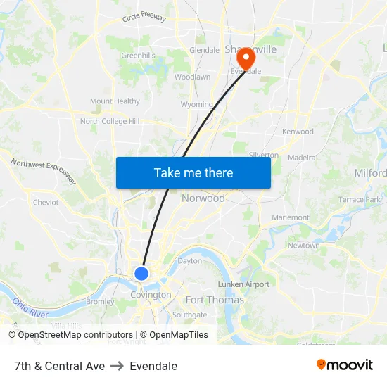 7th & Central Ave to Evendale map