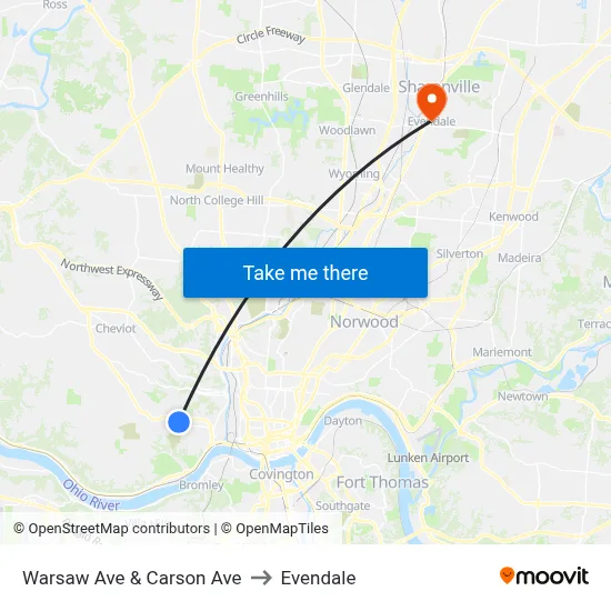 Warsaw Ave & Carson Ave to Evendale map