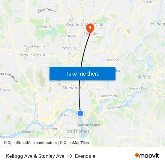 Kellogg Ave & Stanley Ave to Evendale map