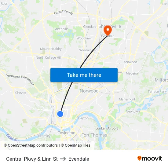 Central Pkwy & Linn St to Evendale map