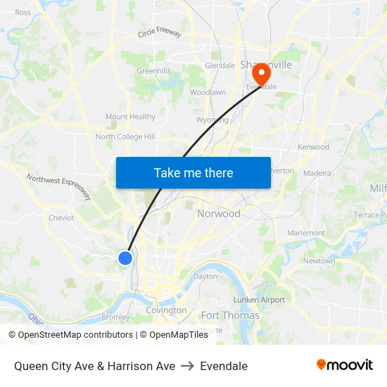Queen City Ave & Harrison Ave to Evendale map