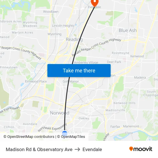 Madison Rd & Observatory Ave to Evendale map