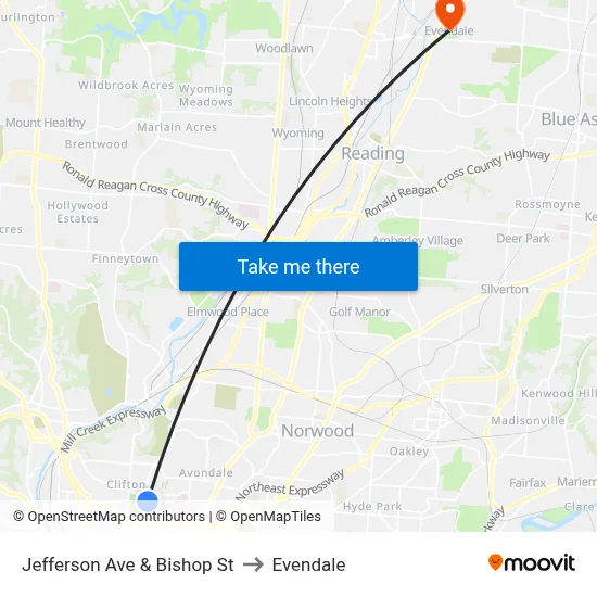Jefferson Ave & Bishop St to Evendale map