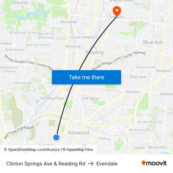 Clinton Springs Ave & Reading Rd to Evendale map