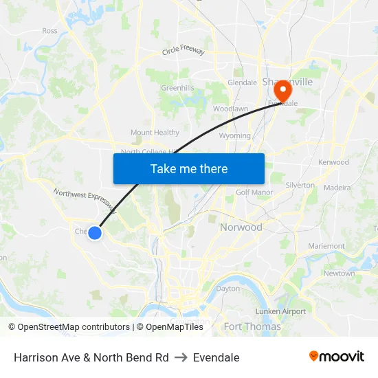 Harrison Ave & North Bend Rd to Evendale map