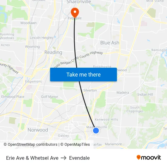 Erie Ave & Whetsel Ave to Evendale map