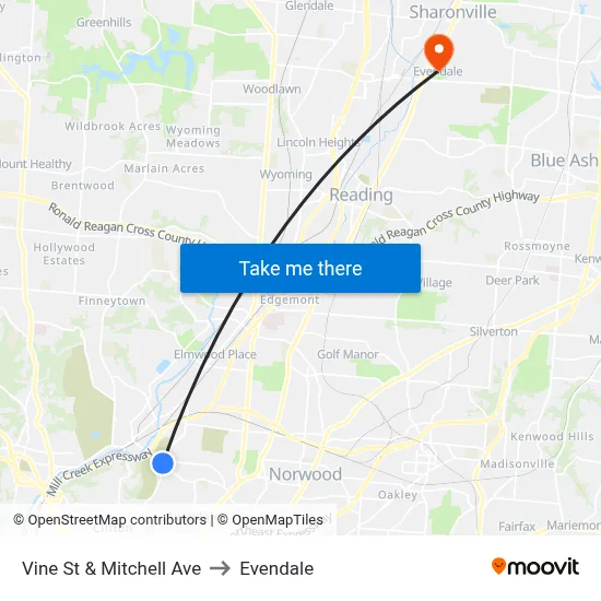 Vine St & Mitchell Ave to Evendale map