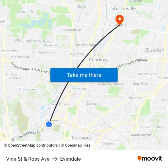 Vine St & Ross Ave to Evendale map