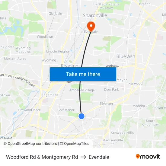Woodford Rd & Montgomery Rd to Evendale map