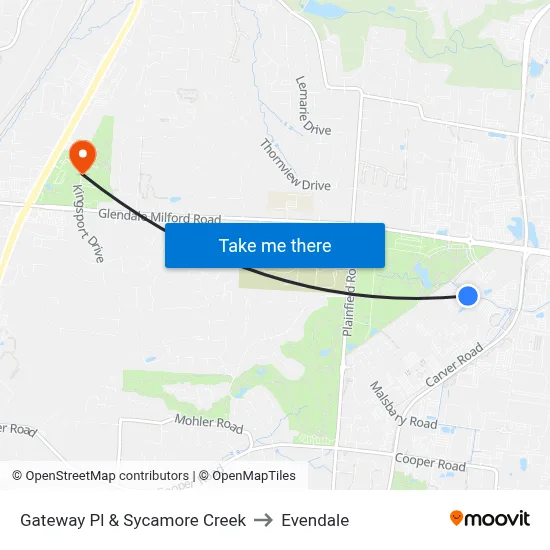 Gateway Pl & Sycamore Creek to Evendale map