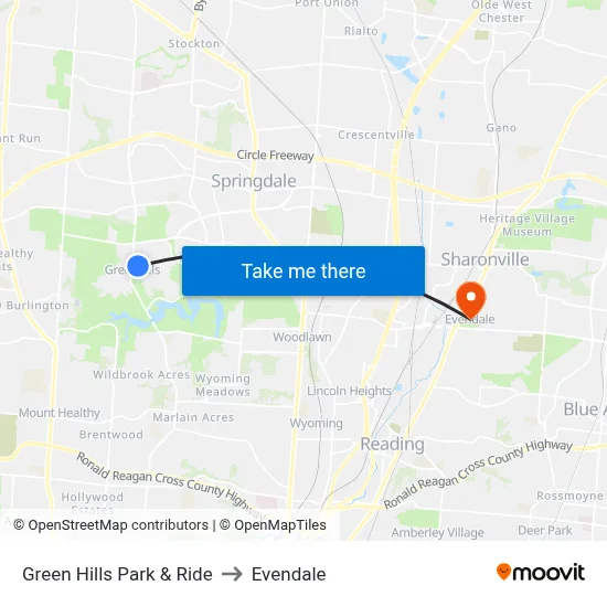 Green Hills Park & Ride to Evendale map