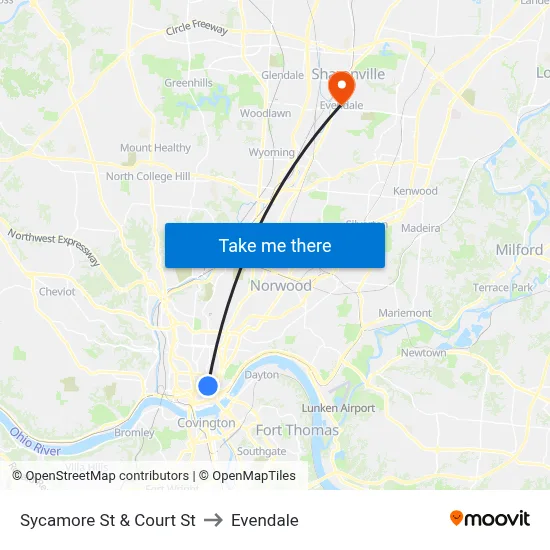Sycamore St & Court St to Evendale map