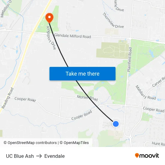 UC Blue Ash to Evendale map