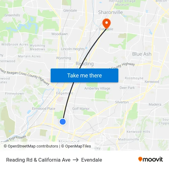 Reading Rd & California Ave to Evendale map