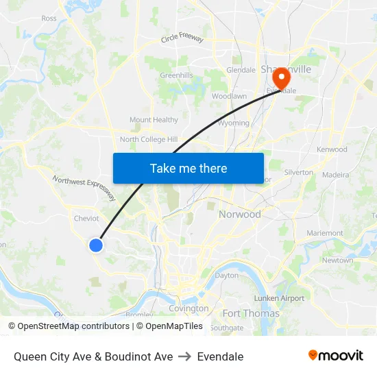 Queen City Ave & Boudinot Ave to Evendale map