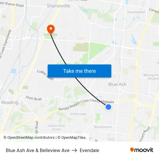 Blue Ash Ave & Belleview Ave to Evendale map